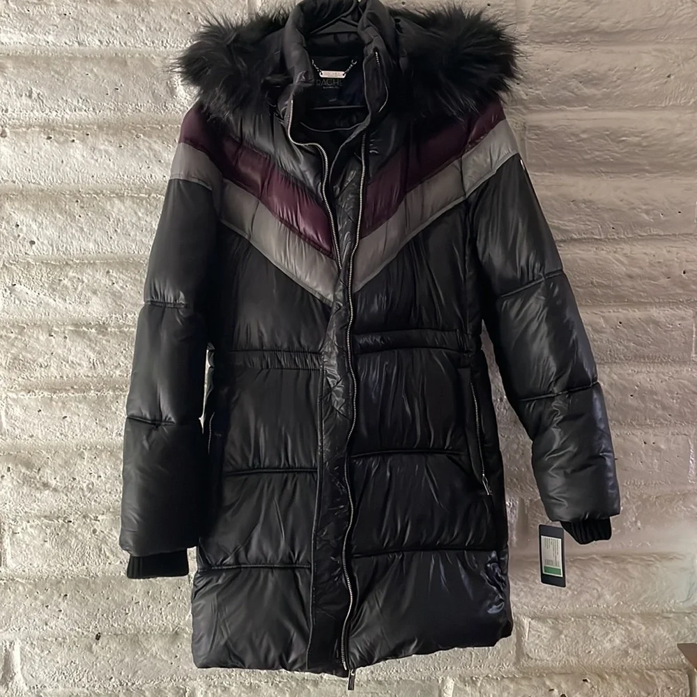 Rachel Roy NWT color block black puffer jacket with faux fur detachable hood